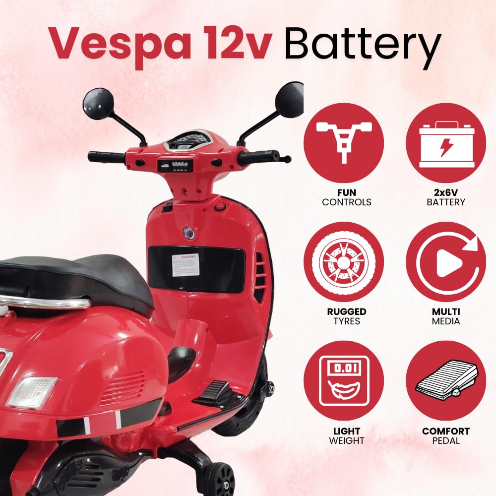 Rechargeable pink Vespa 12V ride on scooter for kids, a fun and safe battery-operated toy motorcycle for boys and girls WWW.USMILE.TOYS